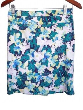 Audrey & Celine Floral Pencil Skirt Banded Waist Spring Blue Green Womens Size 2